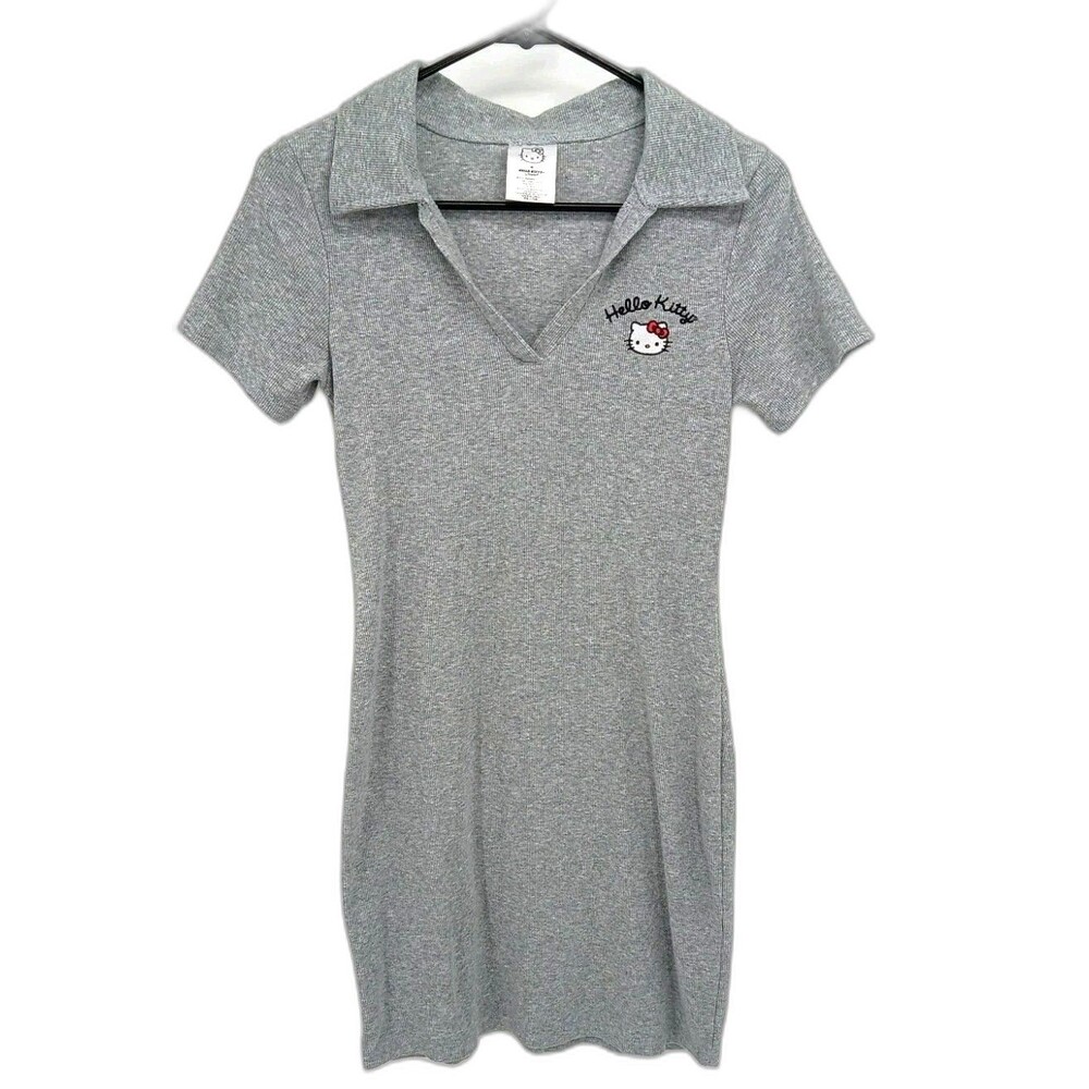 Hello Kitty Ribbed Collared Bodycon Mini Dress Gray Coquette Y2K Kawaii Sanrio M